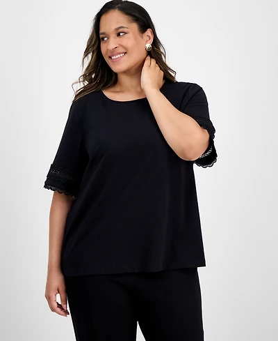 Jones New York Plus Elbow-Sleeve Lattice-Trim Top