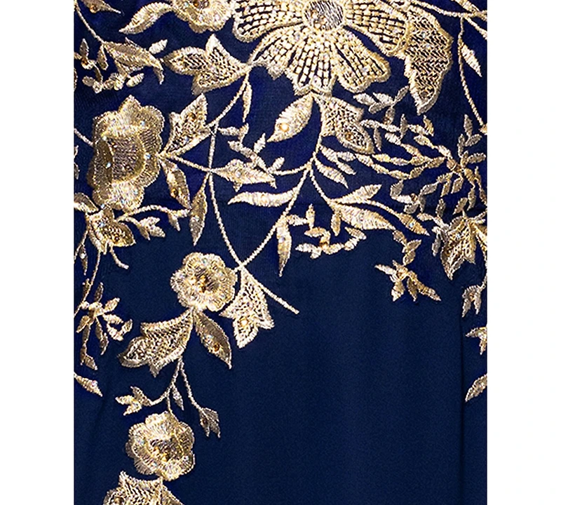 Betsy & Adam Plus Metallic-Embroidered A-Line Gown
