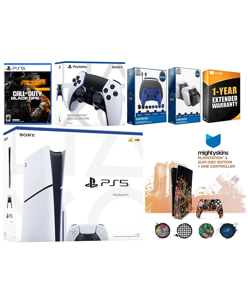 Sony Playstation 5 Slim Disc with Call of Duty: Black Ops 6, Extra Edge Controller, Gamer Starter Pack, Charge Dock and MightySkins Voucher + 1 Year C