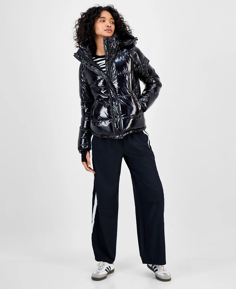 S13 Women's Ella Hooded Thumbhole-Cuff Shine Puffer Coat