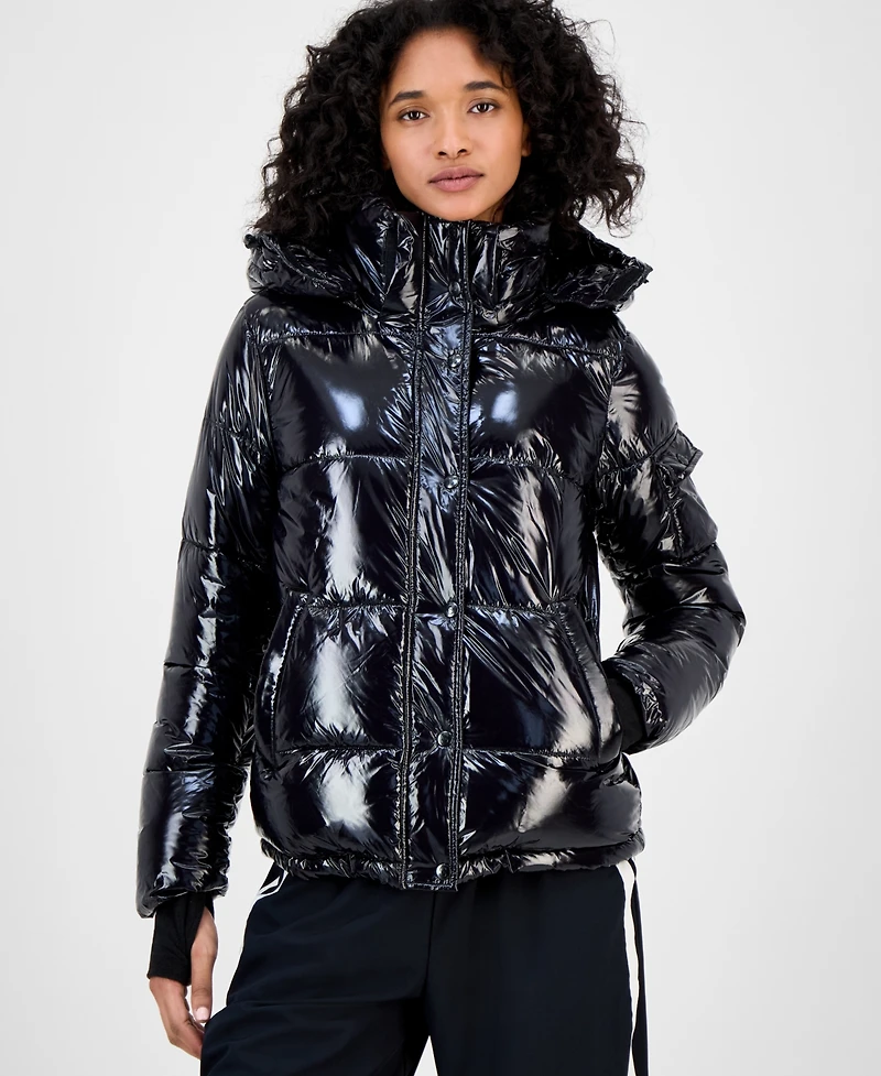 S13 Women's Ella Hooded Thumbhole-Cuff Shine Puffer Coat
