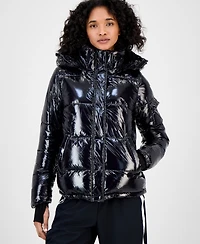 S13 Women's Ella Hooded Thumbhole-Cuff Shine Puffer Coat