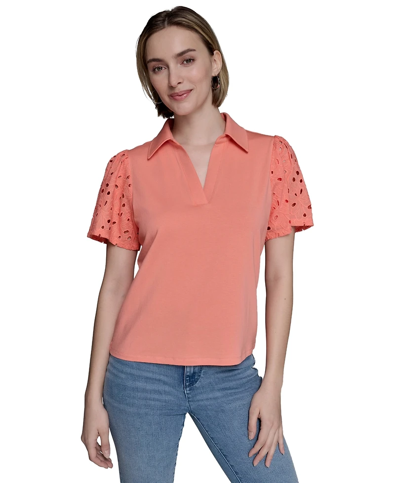 Karl Lagerfeld Paris Women's Mixed-Media Eyelet Knit Top