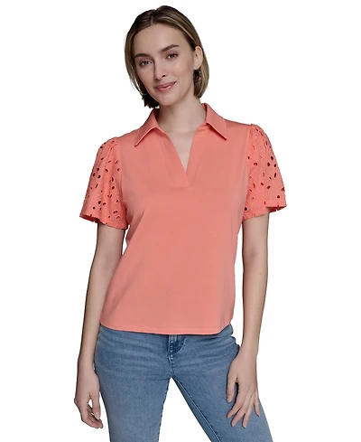 Karl Lagerfeld Paris Women's Mixed-Media Eyelet Knit Top