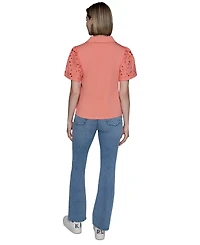 Karl Lagerfeld Paris Women's Mixed-Media Eyelet Knit Top