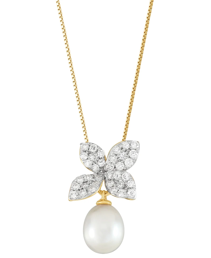 Grown With Love Cultured Freshwater Oval Pearl (7 - 7-1/2mm) & Lab Grown Diamond (1/2 ct. t.w.) Floral 18" Pendant Necklace in 14k Gold