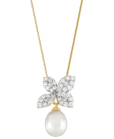Grown With Love Cultured Freshwater Oval Pearl (7 - 7-1/2mm) & Lab Grown Diamond (1/2 ct. t.w.) Floral 18" Pendant Necklace in 14k Gold