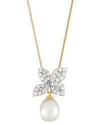 Grown With Love Cultured Freshwater Oval Pearl (7 - 7-1/2mm) & Lab Grown Diamond (1/2 ct. t.w.) Floral 18" Pendant Necklace in 14k Gold