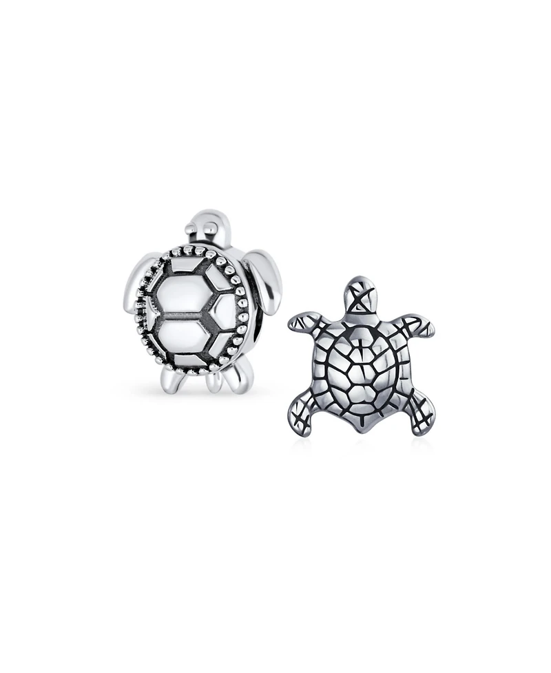 Bling Jewelry Set of 2 Oval Round Nautical Sea Turtle Charm Bead in Oxidized Sterling Silver