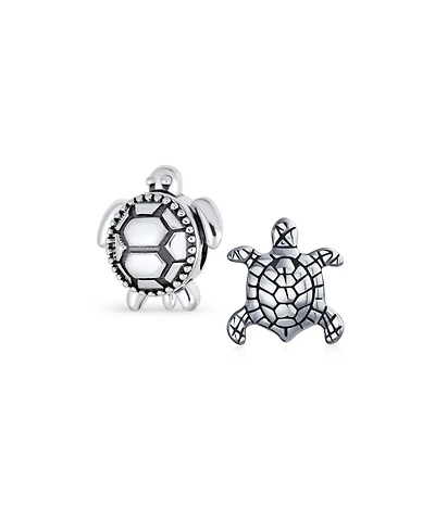 Bling Jewelry Set of 2 Oval Round Nautical Sea Turtle Charm Bead in Oxidized Sterling Silver