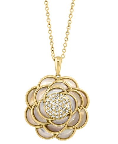Effy Mother of Pearl & Diamond (1/5 ct. t.w.) Flower Pendant Necklace in 14k Gold, 17" + 1" extender