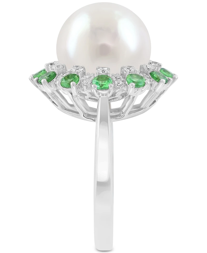 Effy Cultured Freshwater Pearl (11mm), Green & White Diamond (1-1/5 ct. t.w.) Statement Ring in 14k White Gold