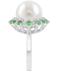 Effy Cultured Freshwater Pearl (11mm), Green & White Diamond (1-1/5 ct. t.w.) Statement Ring in 14k White Gold