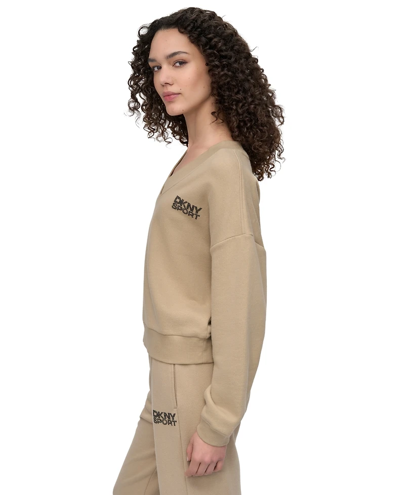 Dkny Sport Women's Rhinestone-Logo V-Neck Pullover Top