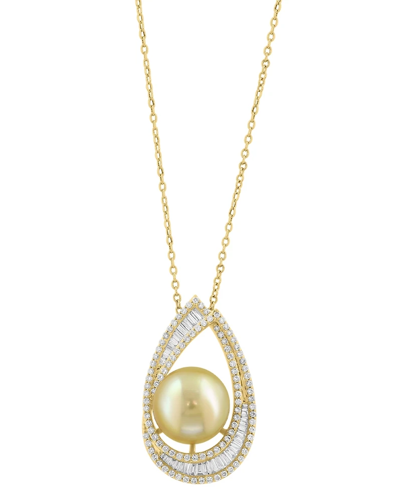 Effy Cultured Golden South Sea Pearl (10mm) & Diamond (1-1/4 ct. t.w.) Pendant Necklace in 14k Yellow Gold, 17" + 1" extender