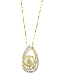 Effy Cultured Golden South Sea Pearl (10mm) & Diamond (1-1/4 ct. t.w.) Pendant Necklace in 14k Yellow Gold, 17" + 1" extender