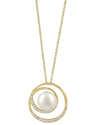 Effy Cultured Freshwater Pearl (9-1/2mm) & Diamond (1/5 ct. t.w.) Pendant Necklace in 14k Yellow Gold, 17" + 1" extender