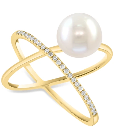 Effy Cultured Freshwater Pearl (8-1/2mm) & Diamond (1/10 ct. t.w.) Crisscross Ring in 14k Yellow Gold