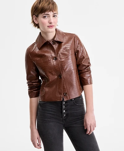 CoffeeShop Juniors' Croc-Embossed Faux-Leather Barn Jacket