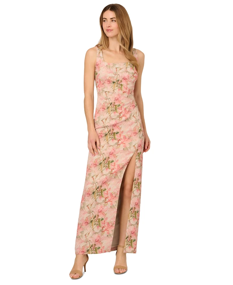 Adrianna Papell Women's Jacquard High-Slit Column Gown