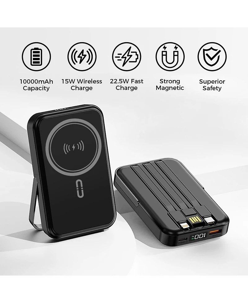 10000mAh Magnetic Power Bank w/ Stand- 3 Cables & Wireless Charging