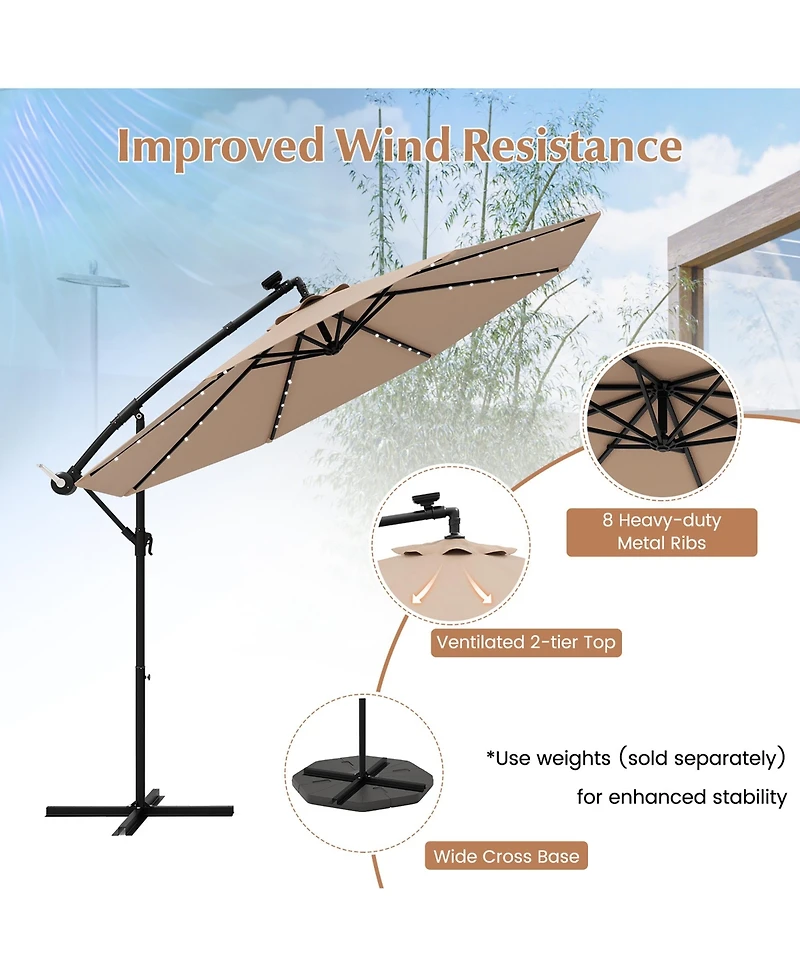Gymax 10ft Solar Patio Umbrella Outdoor Offset Hanging w/ 40 Led Lights