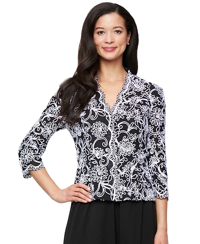 Alex Evenings Women's 3/4-Sleeve Embroidered Blouse