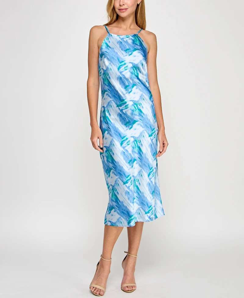 pear culture Juniors' Printed Satin High-Neck Sleeveless Midi Dress