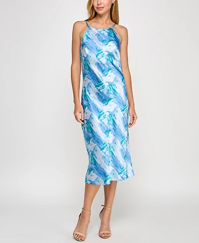 pear culture Juniors' Printed Satin High-Neck Sleeveless Midi Dress