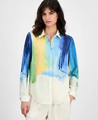 T Tahari Women's Watercolor-Print Long-Sleeve Blouse