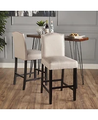 Set of 2 Upholstered Barstools with Nailhead Trim Cushioned Back and Seat Solid Wood Legs and Footrest for Kitchen or Dining Room-The Pop Home