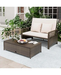 Patio Rattan Daybed Wicker Loveseat Sofa with Multifunctional Ottoman
