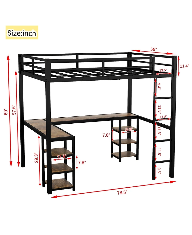 Full Metal Loft Bed with Desk and Shelves, Loft Bed with Ladder and Guardrails, Loft Bed Frame for Bedroom