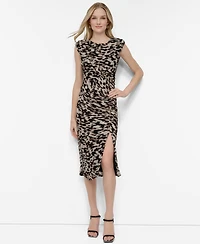 Dkny Petite Printed Mesh Ruched Bodycon Midi Dress