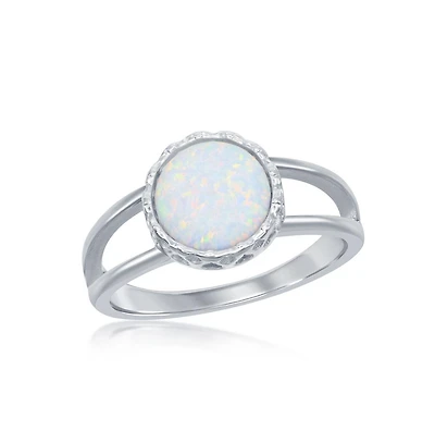 Sterling Silver Round White Inlay Synthetic Opal Open Band Ring