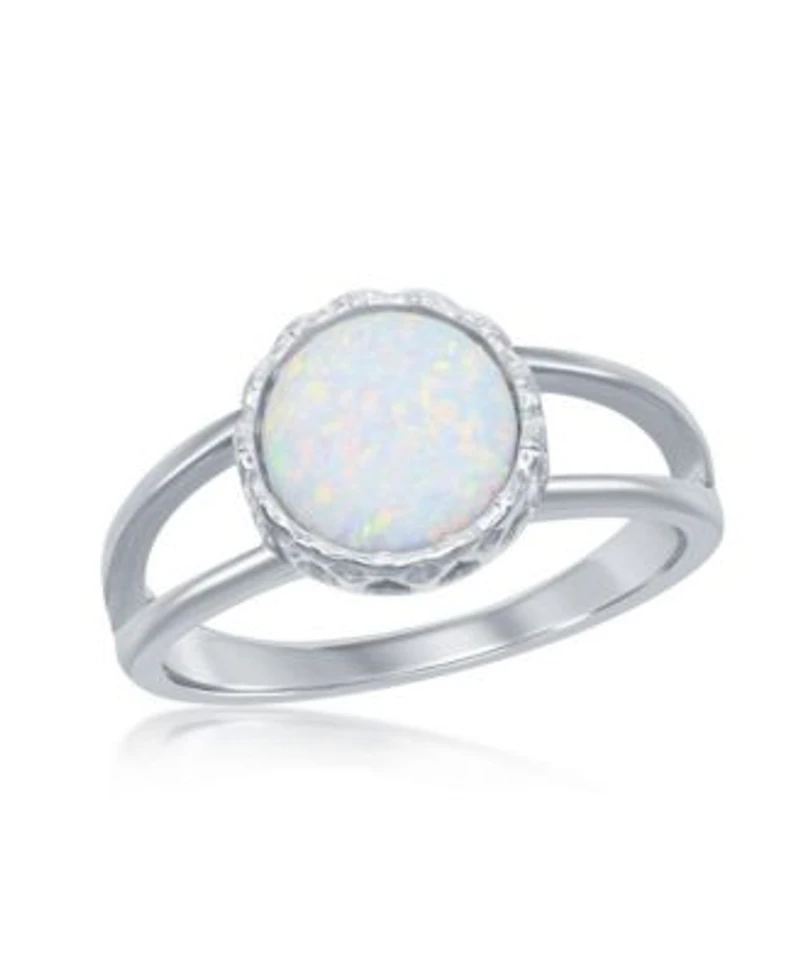 Sterling Silver Round White Inlay Synthetic Opal Open Band Ring