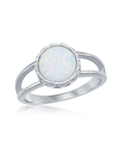 Sterling Silver Round White Inlay Synthetic Opal Open Band Ring