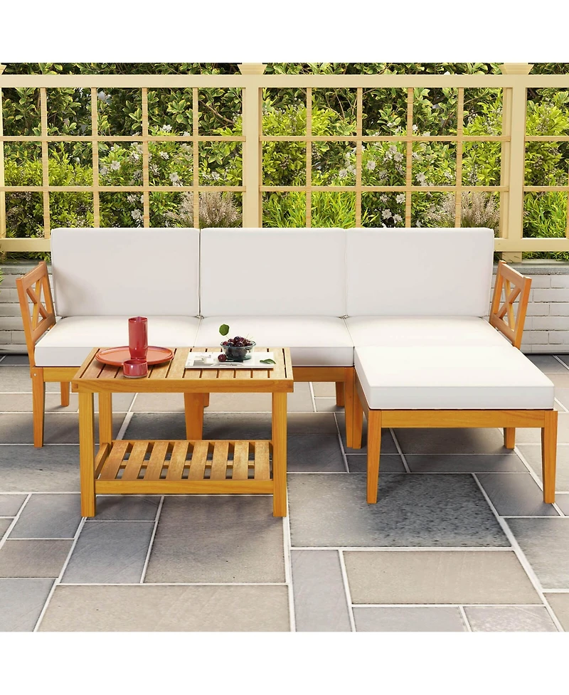 5 Pcs Acacia Wood Patio Furniture Set with 2-Tier Coffee Table and Cushions