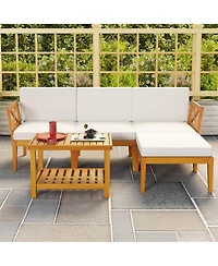 5 Pcs Acacia Wood Patio Furniture Set with 2-Tier Coffee Table and Cushions