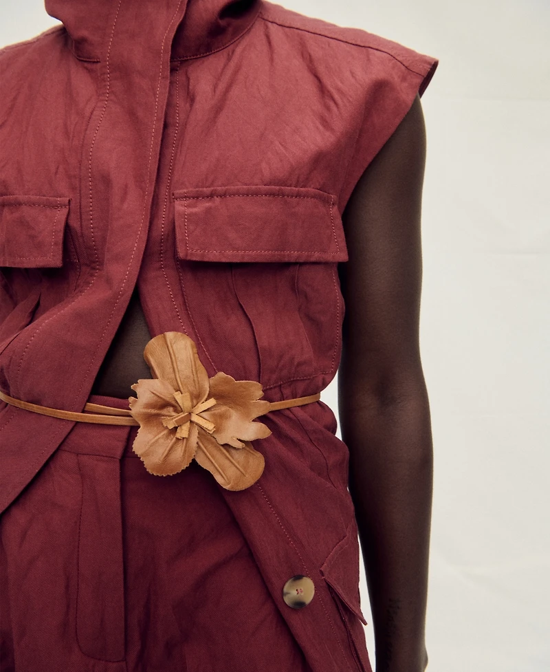 Mango Women's Flower Detail Thin Leather Belt