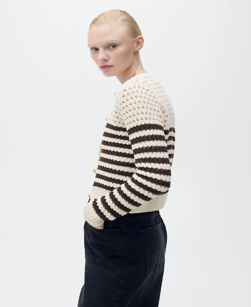 Mango Women's Striped Openwork Knitted Cardigan Sweater