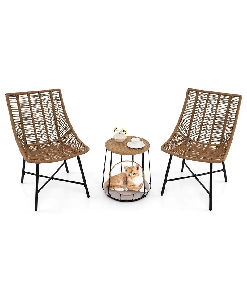 3 Pcs Outdoor Furniture Set with Pet House & Heavy Duty Metal Frame