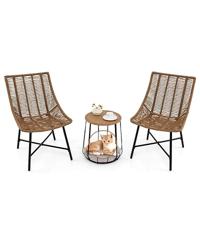 3 Pcs Outdoor Furniture Set with Pet House & Heavy Duty Metal Frame