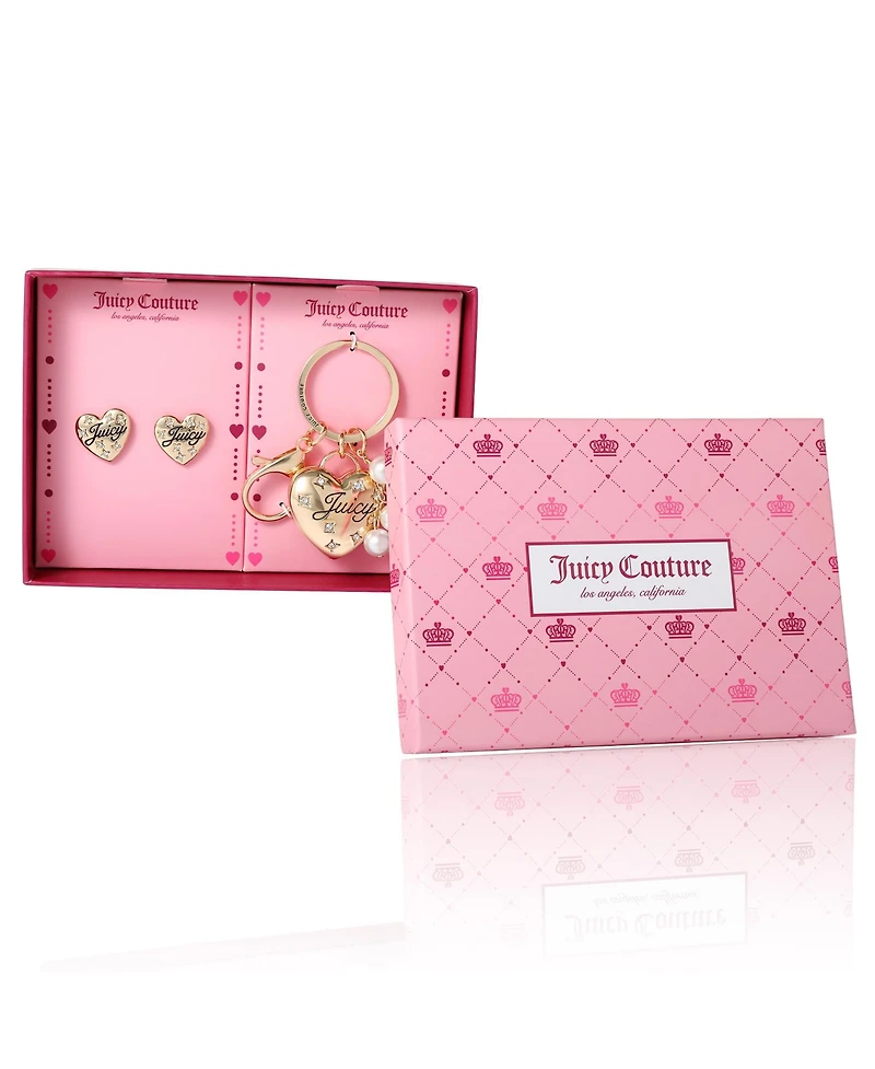 Juicy Couture Gold-Tone Heart Keychain & Earring Set with Crystal Accents