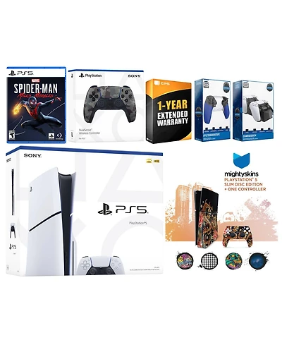 Sony Playstation 5 Slim Disc with Spider-Man: Miles Morales, Extra Chroma Teal Controller, Trigger Stop Kit, Charge Dock and MightySkins Decal Voucher