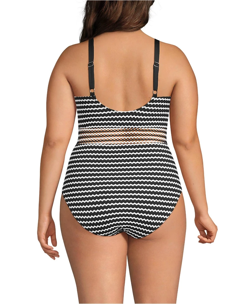 Lands' End Women's Crochet Square Neck High Leg One Piece Swimsuit