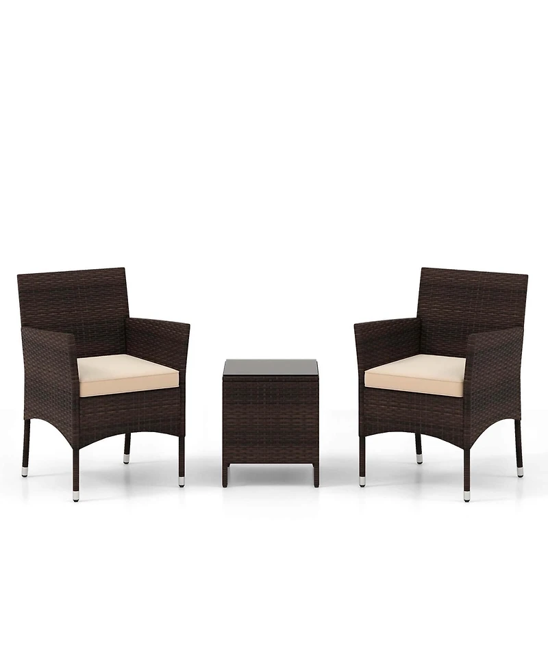 3 Pcs Outdoor Conversation Set with Cushioned Seat & Tempered Glass Tabletop