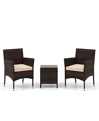 3 Pcs Outdoor Conversation Set with Cushioned Seat & Tempered Glass Tabletop