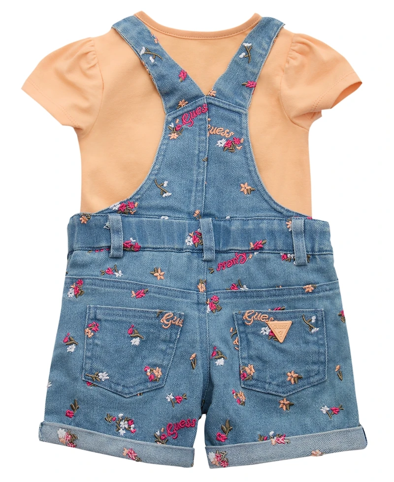 Guess Baby Girls 2-Piece Short Sleeve Bodysuit and Stretch Denim Overall Set