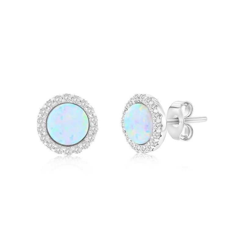 Sterling Silver White Synthetic Opal Round Halo, Cz Border Earrings